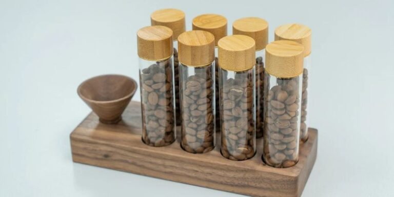 SUMNACON 12pcs Single Cans Coffee Beans Storage with Wooden Holder and Lid, Coffee Container, Glass Bottles, Storage Tubes for Coffee Beans, Retail Store, Bar, Restaurants